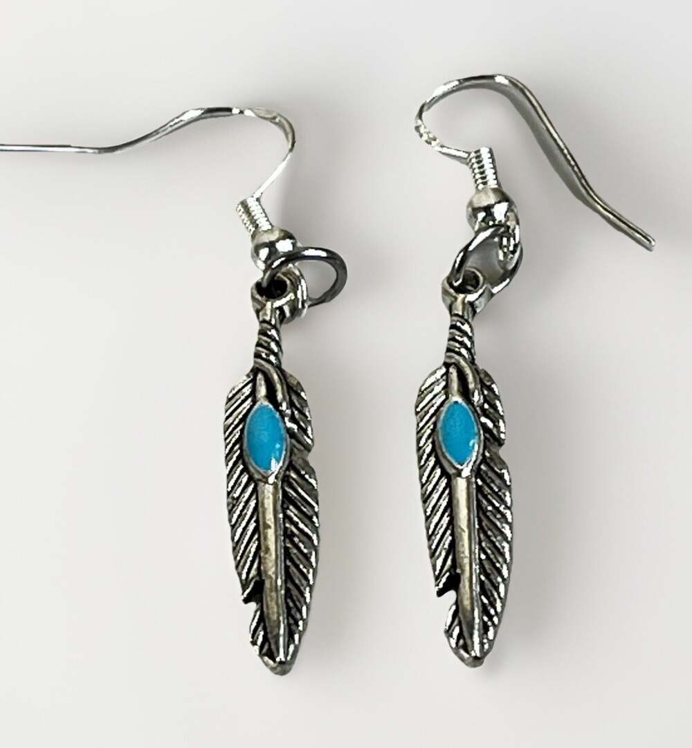 Sterling Silver Southwest Native Style Turquoise Feather Earrings - New